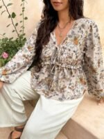 Elorivane Plus Size Blue Floral Blouse, V-Neck Tie Long Sleeve Top, Daily Commute Going Out Wear - Image 8