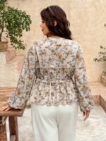 Elorivane Plus Size Blue Floral Blouse, V-Neck Tie Long Sleeve Top, Daily Commute Going Out Wear - Image 2