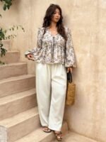 Elorivane Plus Size Blue Floral Blouse, V-Neck Tie Long Sleeve Top, Daily Commute Going Out Wear - Image 4