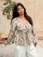 Elorivane Plus Size Blue Floral Blouse, V-Neck Tie Long Sleeve Top, Daily Commute Going Out Wear - Image 5