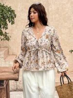 Elorivane Plus Size Blue Floral Blouse, V-Neck Tie Long Sleeve Top, Daily Commute Going Out Wear - Image 6