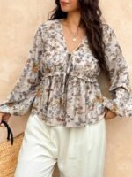 Elorivane Plus Size Blue Floral Blouse, V-Neck Tie Long Sleeve Top, Daily Commute Going Out Wear - Image 9