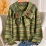 Elorivane Plus Size Olive Green Sweater, Gradient Tie-Up Bow Knit Top, French Minimalist Autumn Winter Date Office Top