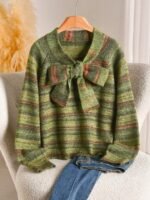 Elorivane Plus Size Olive Green Sweater, Gradient Tie-Up Bow Knit Top, French Minimalist Autumn Winter Date Office Top