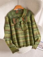 Elorivane Plus Size Olive Green Sweater, Gradient Tie-Up Bow Knit Top, French Minimalist Autumn Winter Date Office Top - Image 3