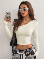 Elorivane Women Vintage Leopard Knit Top, Asymmetrical Neck Grommet Long Sleeve Stretchy Spring Summer Streetwear - Image 25