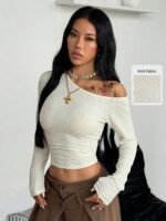 Elorivane Women Vintage Leopard Knit Top, Asymmetrical Neck Grommet Long Sleeve Stretchy Spring Summer Streetwear - Image 23