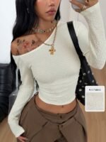 Elorivane Women Vintage Leopard Knit Top, Asymmetrical Neck Grommet Long Sleeve Stretchy Spring Summer Streetwear - Image 24