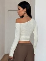 Elorivane Women Vintage Leopard Knit Top, Asymmetrical Neck Grommet Long Sleeve Stretchy Spring Summer Streetwear - Image 27
