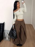 Elorivane Women Vintage Leopard Knit Top, Asymmetrical Neck Grommet Long Sleeve Stretchy Spring Summer Streetwear - Image 26