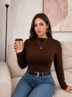 Elorivane Plus Size Mock Neck Ruched Slim Fit Tee, Fall Casual Top - Image 7