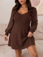 Elorivane Plus Size Sweetheart Neck Dress, Ruched Ribbed Long Sleeve Casual Dress, Fall Wear - Image 9