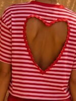 Elorivane Women's Red Pink Striped Backless Tee, Hollow Heart Design Casual Summer - Image 4