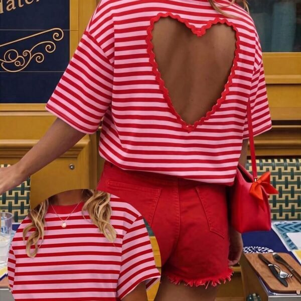 Elorivane Women's Red Pink Striped Backless Tee, Hollow Heart Design Casual Summer