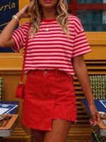 Elorivane Women's Red Pink Striped Backless Tee, Hollow Heart Design Casual Summer - Image 3