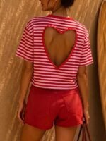 Elorivane Women's Red Pink Striped Backless Tee, Hollow Heart Design Casual Summer - Image 2
