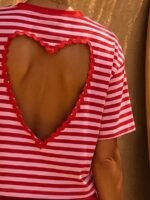 Elorivane Women's Red Pink Striped Backless Tee, Hollow Heart Design Casual Summer - Image 5