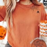 Elorivane Women's Spider Embroidered Tee, Casual Halloween Spooky Style