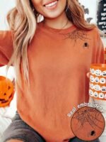 Elorivane Women's Spider Embroidered Tee, Casual Halloween Spooky Style