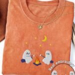 Elorivane Women's Ghost Pumpkin Embroidered Tee, Spooky Halloween Casual