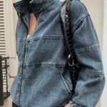 Elorivane Plus Size Dark Blue Denim Jacket, Vintage Washed Zipper Front Open Collar Loose Street Fall Outerwear