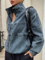 Elorivane Plus Size Dark Blue Denim Jacket, Vintage Washed Zipper Front Open Collar Loose Street Fall Outerwear