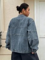 Elorivane Plus Size Dark Blue Denim Jacket, Vintage Washed Zipper Front Open Collar Loose Street Fall Outerwear - Image 2