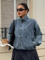 Elorivane Plus Size Dark Blue Denim Jacket, Vintage Washed Zipper Front Open Collar Loose Street Fall Outerwear - Image 4