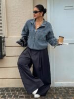 Elorivane Plus Size Dark Blue Denim Jacket, Vintage Washed Zipper Front Open Collar Loose Street Fall Outerwear - Image 5
