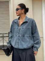 Elorivane Plus Size Dark Blue Denim Jacket, Vintage Washed Zipper Front Open Collar Loose Street Fall Outerwear - Image 6