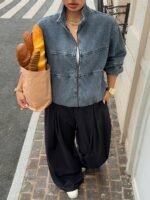 Elorivane Plus Size Dark Blue Denim Jacket, Vintage Washed Zipper Front Open Collar Loose Street Fall Outerwear - Image 7