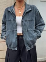 Elorivane Plus Size Dark Blue Denim Jacket, Vintage Washed Zipper Front Open Collar Loose Street Fall Outerwear - Image 8
