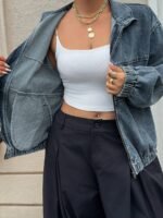 Elorivane Plus Size Dark Blue Denim Jacket, Vintage Washed Zipper Front Open Collar Loose Street Fall Outerwear - Image 9