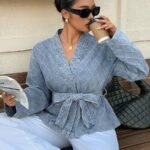 Elorivane Plus Size Sky Blue Denim Top, Rhombus Pattern Waist Tie Casual Spring Autumn Brunch Blouse