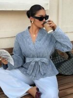 Elorivane Plus Size Sky Blue Denim Top, Rhombus Pattern Waist Tie Casual Spring Autumn Brunch Blouse