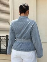 Elorivane Plus Size Sky Blue Denim Top, Rhombus Pattern Waist Tie Casual Spring Autumn Brunch Blouse - Image 2