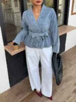 Elorivane Plus Size Sky Blue Denim Top, Rhombus Pattern Waist Tie Casual Spring Autumn Brunch Blouse - Image 4