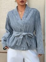 Elorivane Plus Size Sky Blue Denim Top, Rhombus Pattern Waist Tie Casual Spring Autumn Brunch Blouse - Image 5