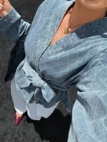 Elorivane Plus Size Sky Blue Denim Top, Rhombus Pattern Waist Tie Casual Spring Autumn Brunch Blouse - Image 6