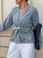 Elorivane Plus Size Sky Blue Denim Top, Rhombus Pattern Waist Tie Casual Spring Autumn Brunch Blouse - Image 7
