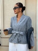 Elorivane Plus Size Sky Blue Denim Top, Rhombus Pattern Waist Tie Casual Spring Autumn Brunch Blouse - Image 8