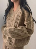Elorivane Women's Minimalist V-Neck Loose Knit Sweater | Low-Key Vintage Brown Pullover Fall - Image 32