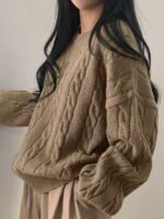 Elorivane Women's Minimalist V-Neck Loose Knit Sweater | Low-Key Vintage Brown Pullover Fall - Image 33