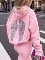 Elorivane Women's Light Grey Angel Wings Sweatshirt, Sequin Embroidery Y2K Dropped Shoulder Fall - Image 35