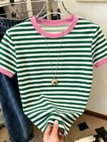 Elorivane Women's Pink-Brown Striped Y2K Tee, Casual Summer - Image 46