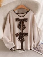 Elorivane Plus Size Beige Sweater, Polka Dot Ribbon Bow Round Neck Long Sleeve Pullover, Cute Elegant Autumn Winter Vacation Top - Image 2