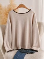Elorivane Plus Size Beige Sweater, Polka Dot Ribbon Bow Round Neck Long Sleeve Pullover, Cute Elegant Autumn Winter Vacation Top - Image 3