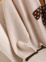 Elorivane Plus Size Beige Sweater, Polka Dot Ribbon Bow Round Neck Long Sleeve Pullover, Cute Elegant Autumn Winter Vacation Top - Image 7