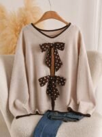 Elorivane Plus Size Beige Sweater, Polka Dot Ribbon Bow Round Neck Long Sleeve Pullover, Cute Elegant Autumn Winter Vacation Top - Image 5