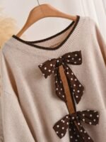 Elorivane Plus Size Beige Sweater, Polka Dot Ribbon Bow Round Neck Long Sleeve Pullover, Cute Elegant Autumn Winter Vacation Top - Image 6